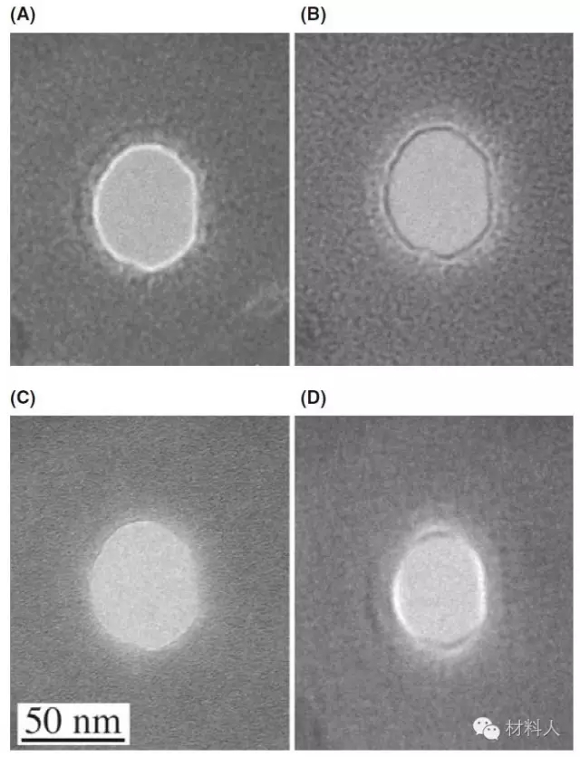 圖七 非晶碳膜孔洞在（A）欠焦（B）過焦（C）正焦（D）有物鏡像散的低倍透射照片