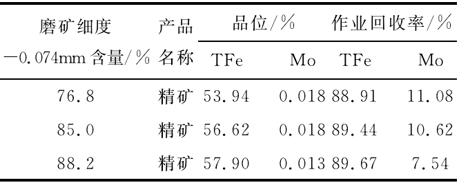 表5 滑石輝鉬礦中磁場磁選機(jī)粗選-鐵粗精礦再磨精選分離滑石結(jié)果