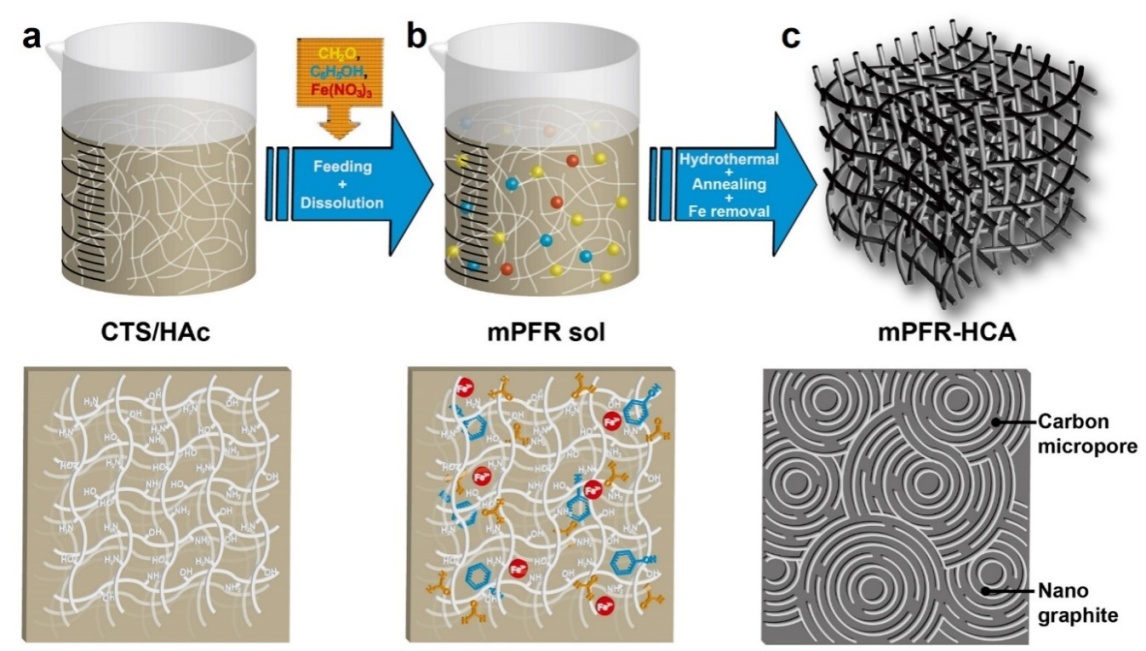 殼聚糖分子鏈作為三維軟模板合成PF/Fe碳氣凝膠。