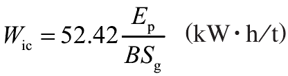 通過提升的擺錘角度計算該能量，同時測試礦塊密度和沖擊面厚度，用于計算破碎功指數，計算公式為：