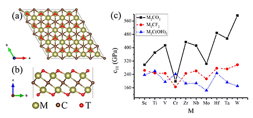 圖1. (a)和(b)分別是M2CT2 MXene的俯視圖和側(cè)面圖；(c) M2CT2 MXene的力學(xué)常數(shù)