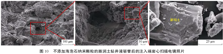 不添加海泡石納米顆粒的膨潤土鉆井液驅(qū)替后的注入端巖心掃描電鏡照片