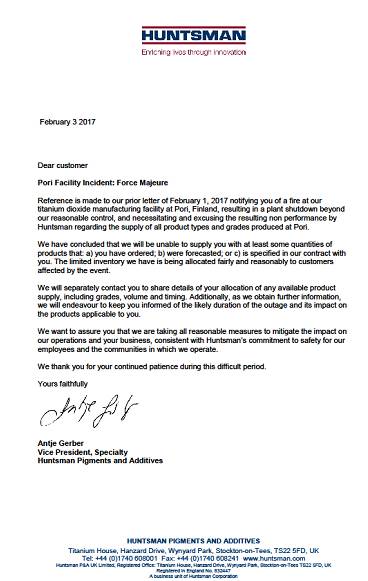 亨斯邁英國向客戶發(fā)出的不可抗力通知函