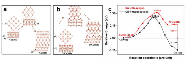 密度泛函理論計(jì)算揭示氧對(duì)銅襯底晶向轉(zhuǎn)變影響的機(jī)制。