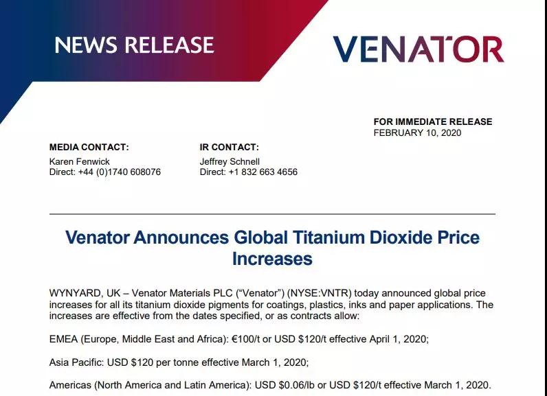 Venator、龍蟒齊漲價(jià)，鈦白粉又“憋”不住了？