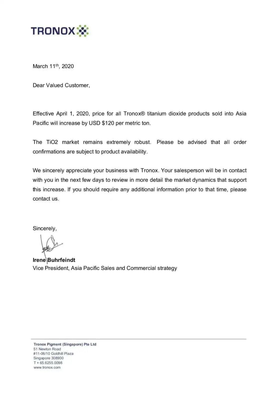 全球鈦白粉巨頭特諾亞太地區(qū)鈦白粉價(jià)格上調(diào)120美元/噸！