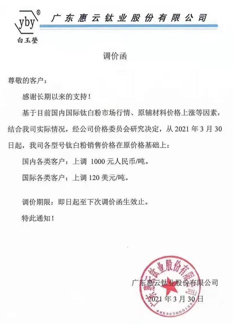 原輔料價(jià)格上漲，多家鈦白粉企業(yè)集體漲價(jià)！