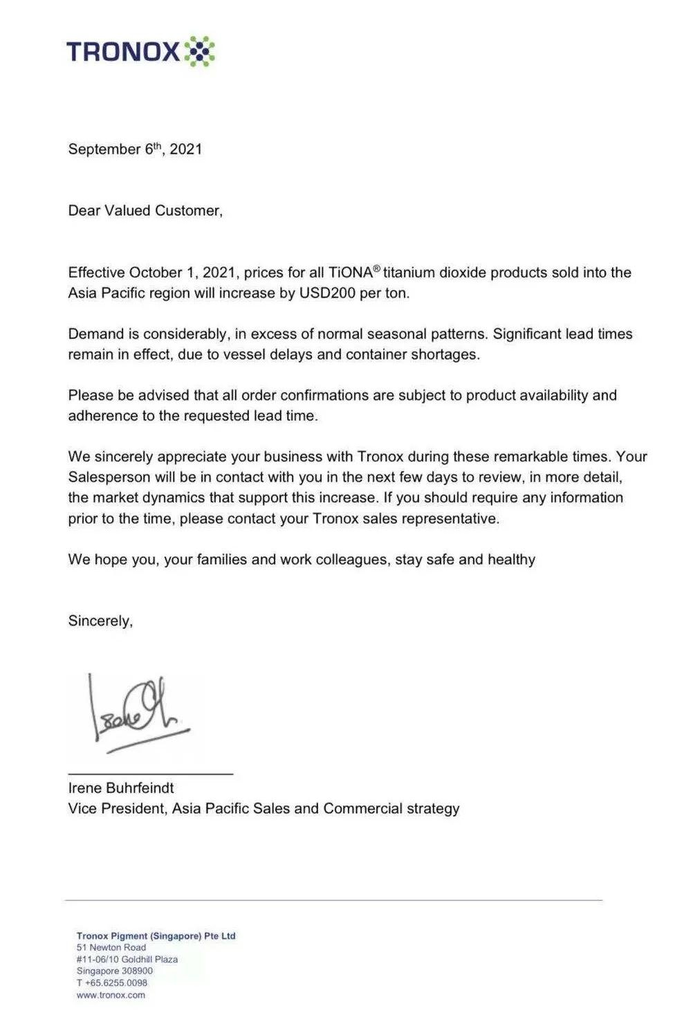 鈦白粉巨頭特諾亞太地區(qū)產(chǎn)品價(jià)格上調(diào)200美元/噸！ 　　