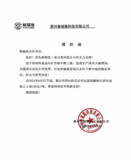 沉淀硫酸鋇，價格再漲100元 　　